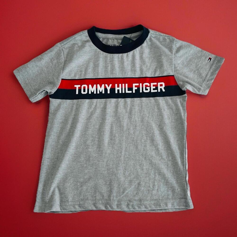 Tommy Hilfiger Boy Short Sleeve Banner Stripe T-Shirt Grey  Kids Size 7